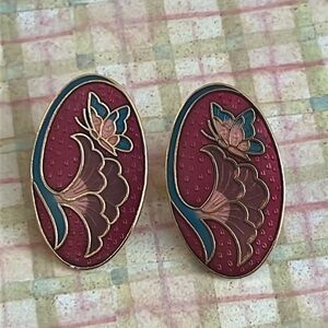 Maroon red oval cloisonné pierced earrings with dangling flower and butterfly